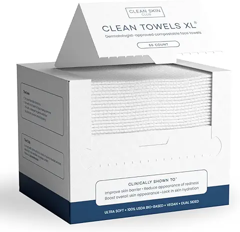 Clean Skin Club Clean Towels XL®, 100% USDA Biobased Face Towel, Disposable Face Towelette, Eczema Association Accepted, Makeup Remover Dry Wipes, Ultra Soft, 50 Count