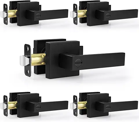 5 Pack Matte Black Door Handles Interior Door Knobs, Home Improvement Keyless Privacy Door Lock, Heavy Duty Zinc Alloy 2.07 lb Door Leverset for Bedrooms Bathrooms